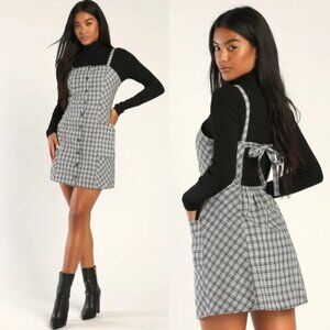 Lulus Right in Line Black & White Plaid Mini Dress With Pockets NEW